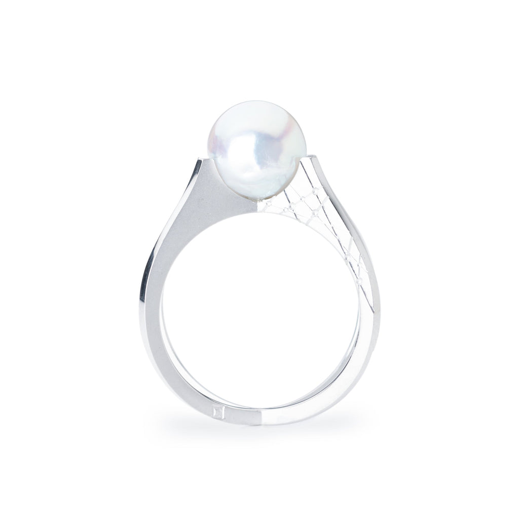 Kosa[こうさ] Cross Silver925 あこやパールリング 和彫り入り シルバー ブルーグレー セミバロック シンプル クロス 普段づかい MENTOSEN